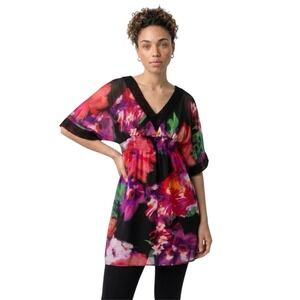 Bisou Bisou Michele Bohbot Floral Tunic Dress Black Pink Lace Trim Smocked Waist